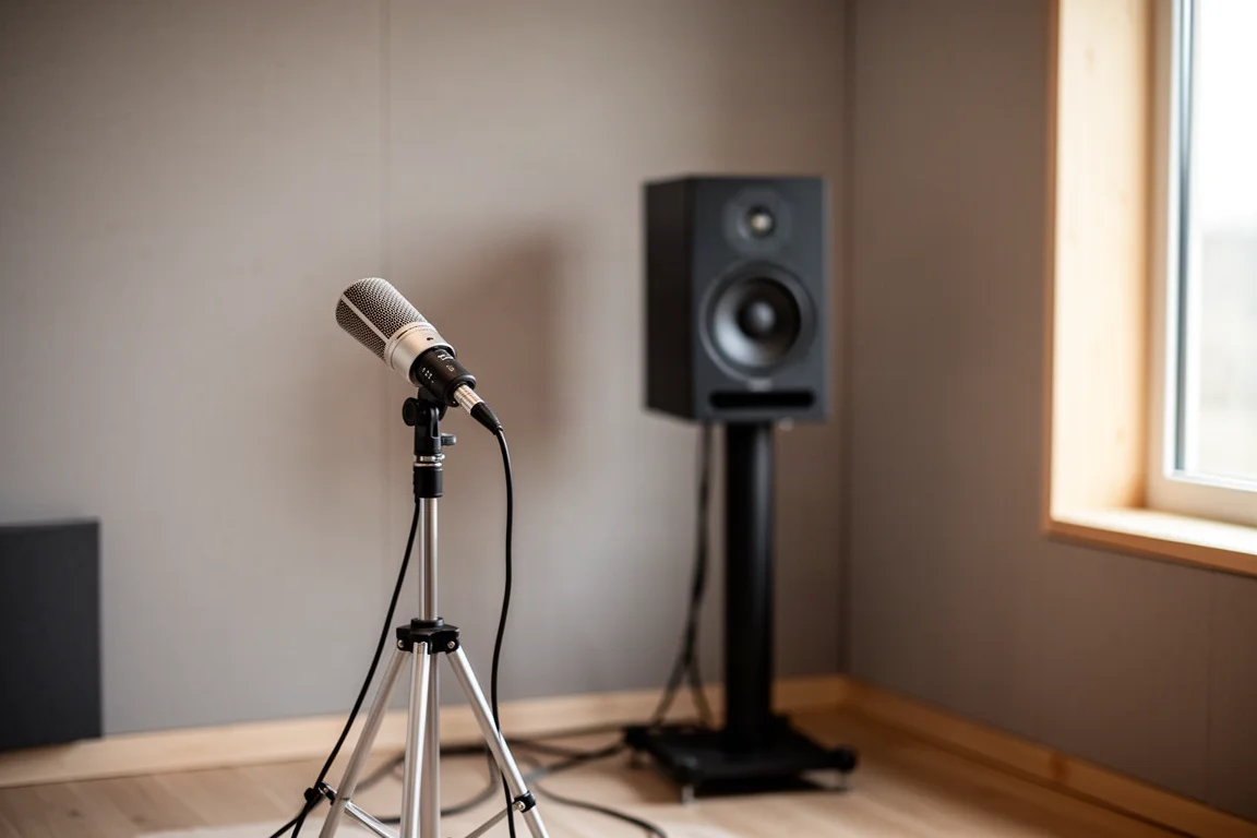 Measurement microphone on a tripod in front of a stand-mounted speaker