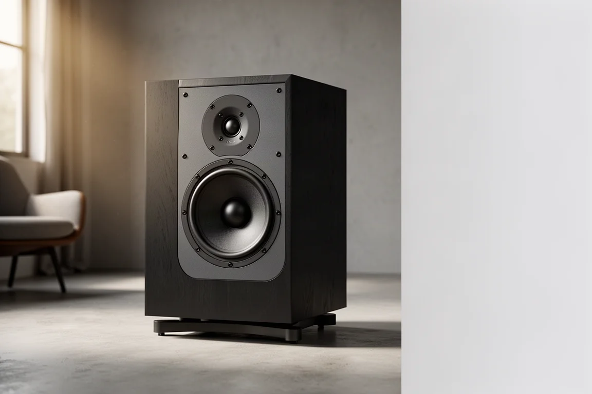 HSU Research CCB8 coaxial bookshelf speaker on a stand in a quiet room