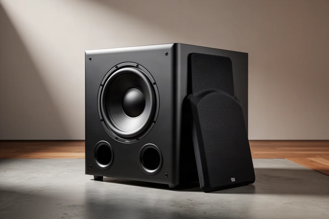 Matte black home audio subwoofer with grille removed on a concrete floor