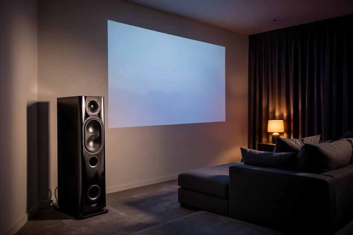 Subwoofer alto en negro satinado en una sala de cine en casa con poca luz al atardecer y el resplandor de la pantalla