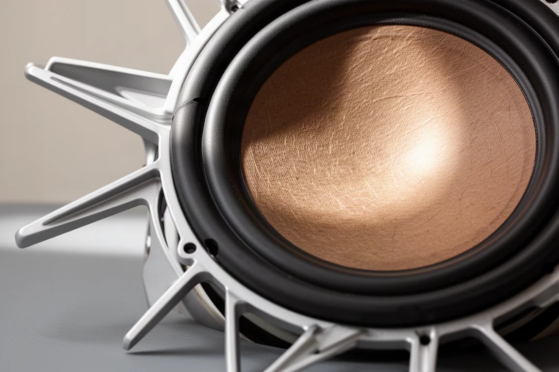 Primer plano de un gran altavoz de subwoofer que muestra la cesta de aluminio fundido y el cono de papel