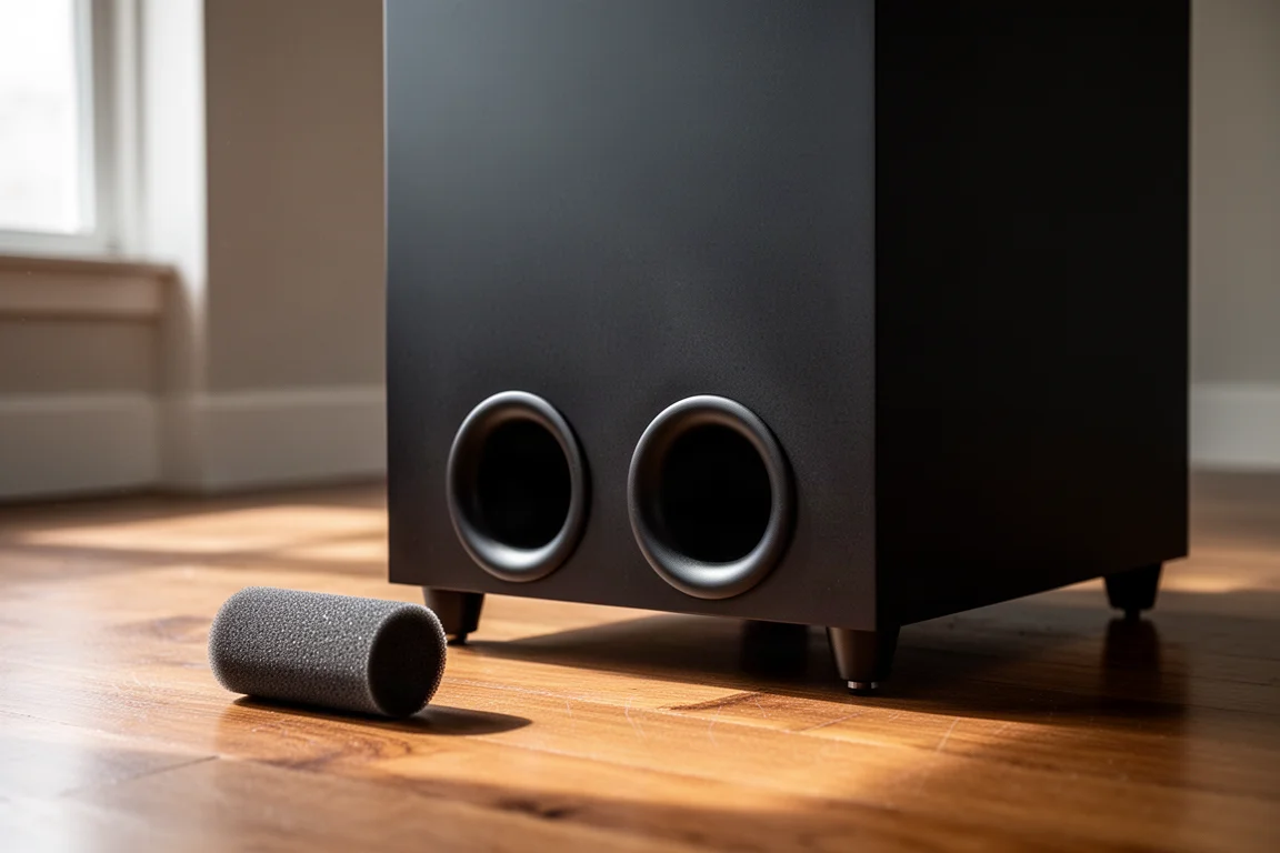 Puertos orientados hacia abajo en la base de un subwoofer negro mate sobre un suelo de madera
