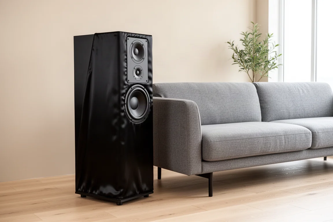 Subwoofer alto negro junto a un sofá gris que muestra su altura en comparación con los muebles