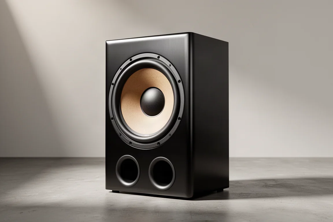 Tall satin black ported subwoofer with 15-inch driver on a concrete floor