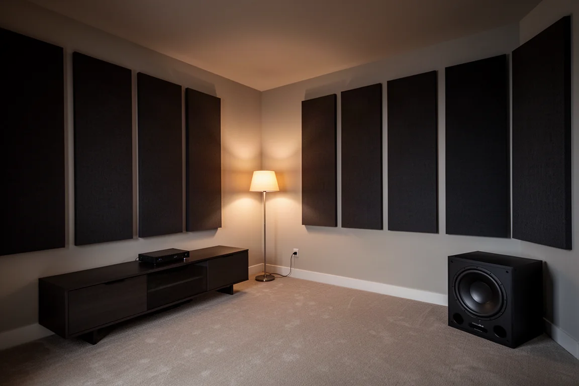 Home theater room with dark acoustic panels and a subwoofer in the corner