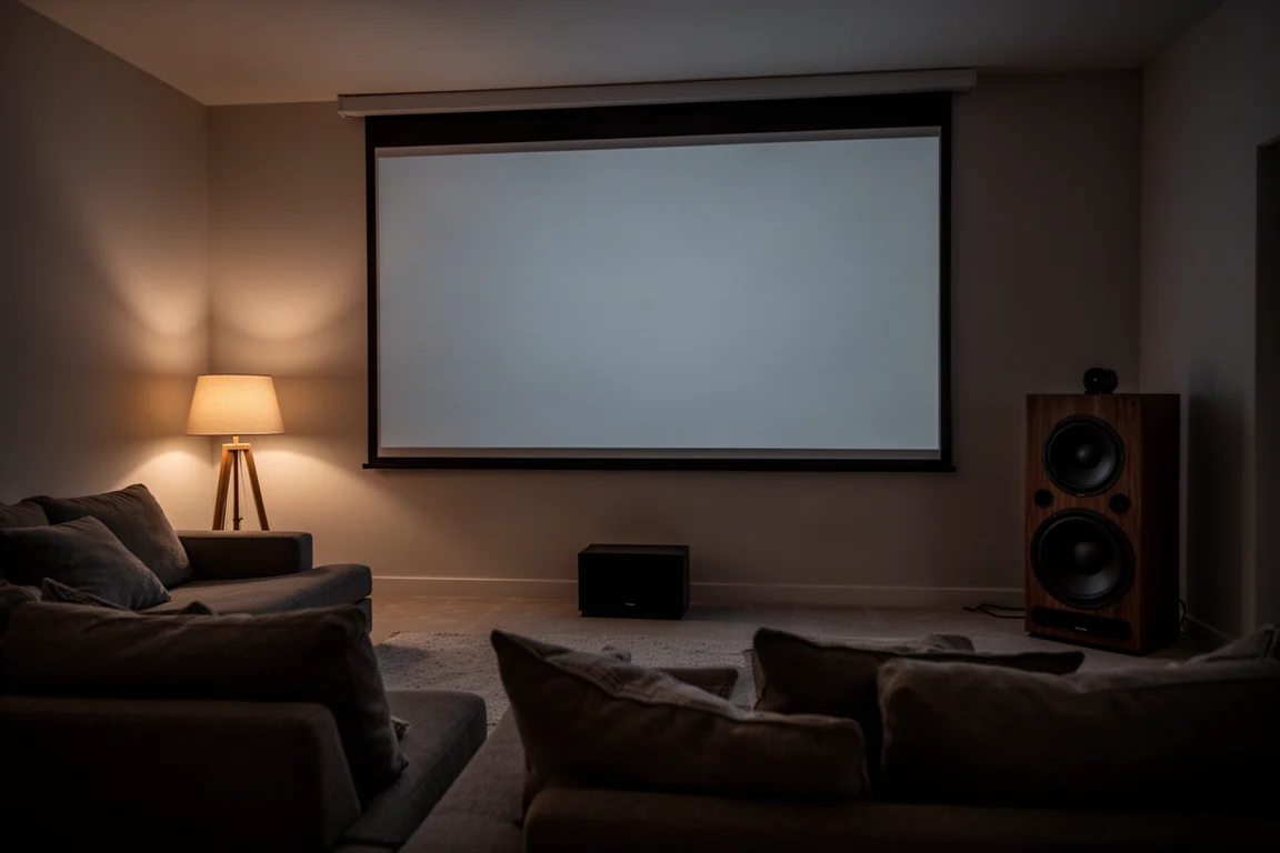 Living room at night with a glowing projector screen and a corner subwoofer
