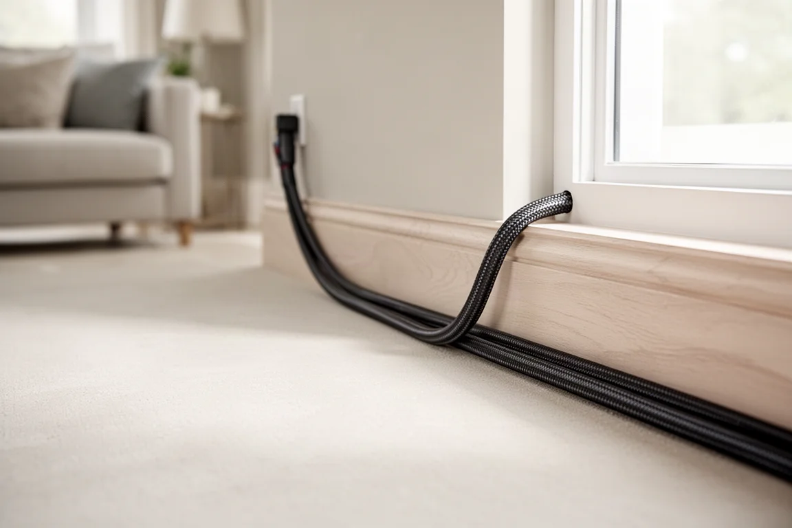 Subwoofer cable routed along a wooden skirting board in a bright living room