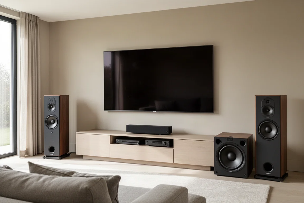 Modern living room home theater with screen, speakers and a subwoofer