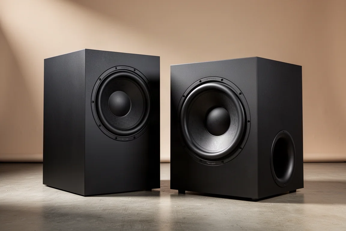 Two matte black subwoofer cabinets side by side on a concrete floor against a grey backdrop