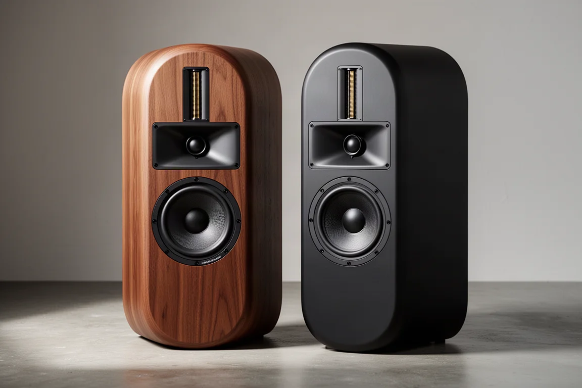 Pair of HTD Level Three bookshelf speakers in black paint and brown veneer on concrete