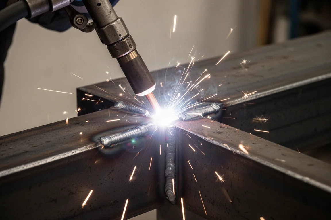 Close-up of a MIG welding arc with bright sparks on a metal work piece