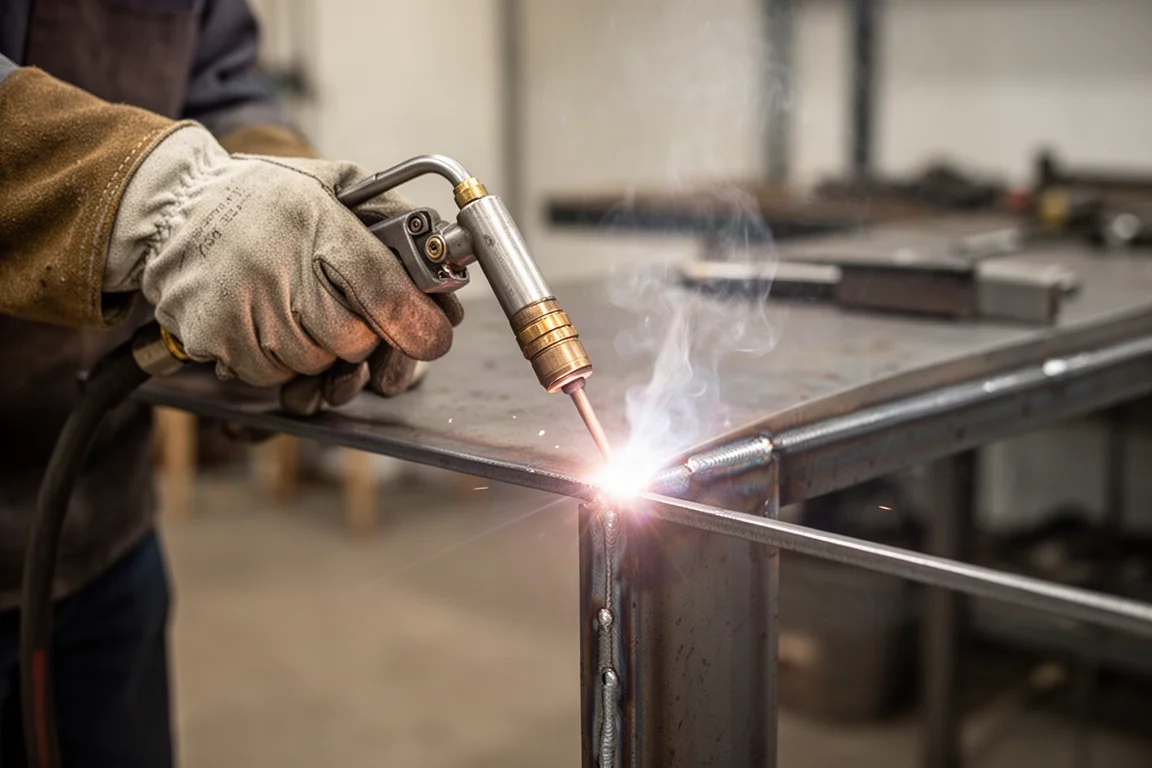 Welder running a pulse MIG weld on a thin steel corner joint
