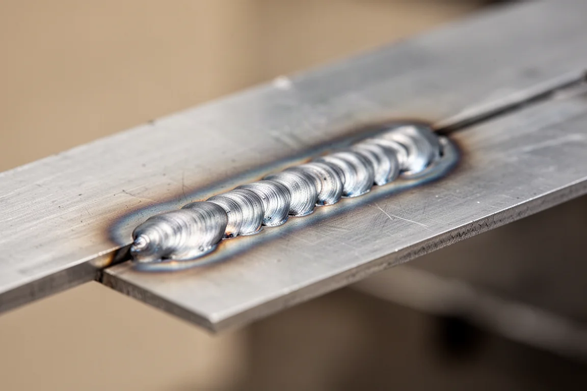 Aluminum weld bead with stacked ripple appearance on a metal sheet