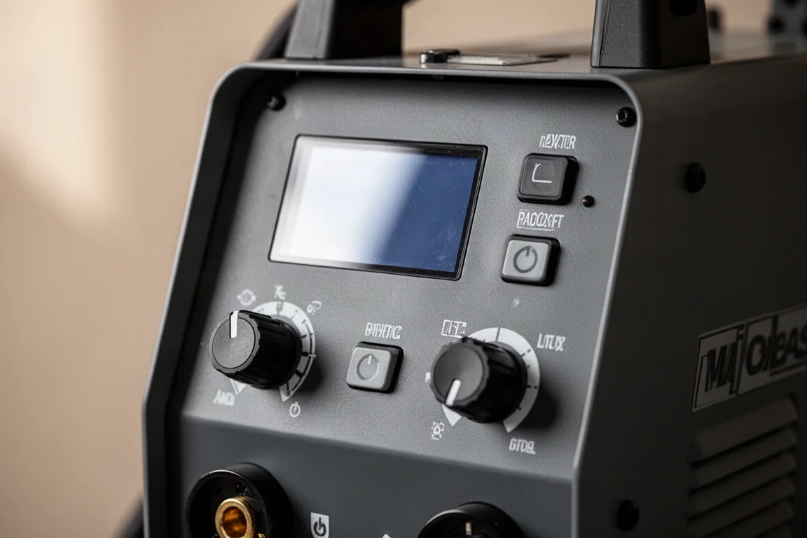 Pulse MIG welding machine control panel with digital display and dials