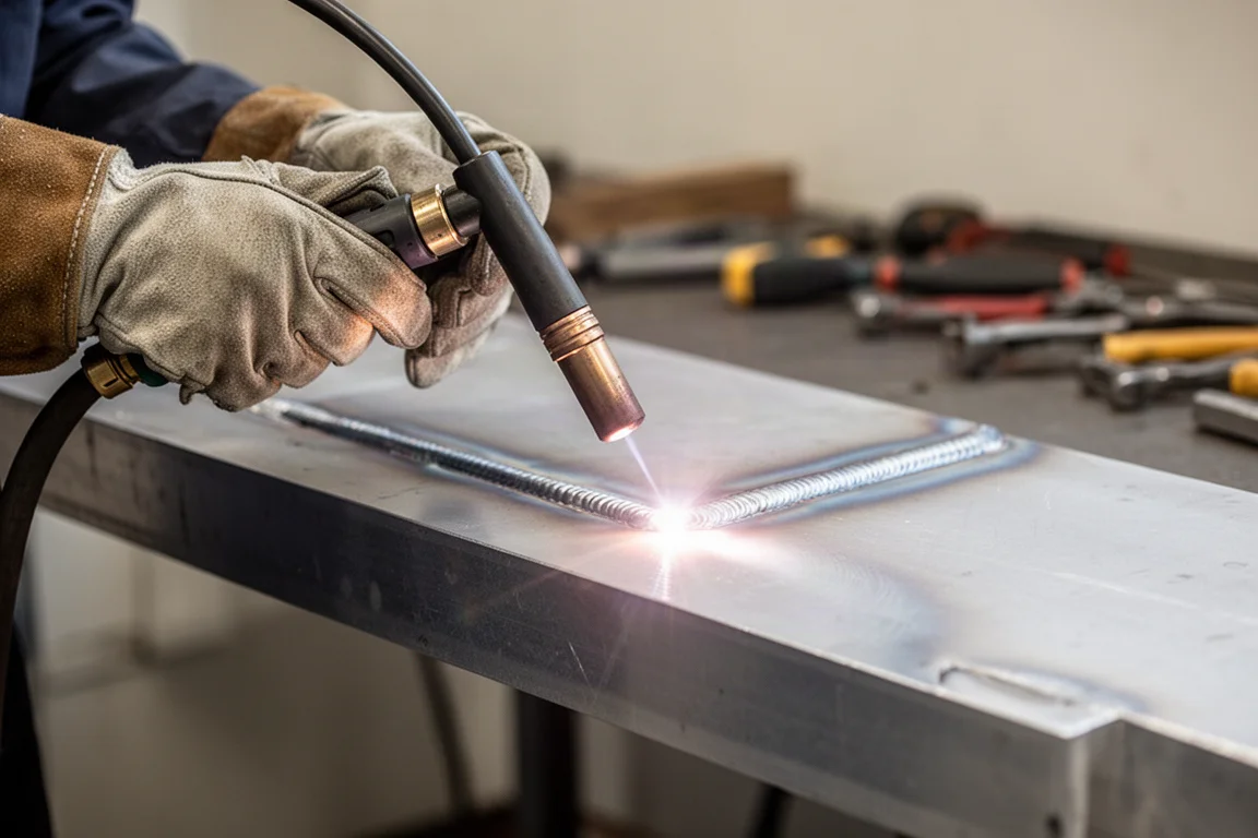 Welder laying a smooth aluminum weld bead on a metal plate