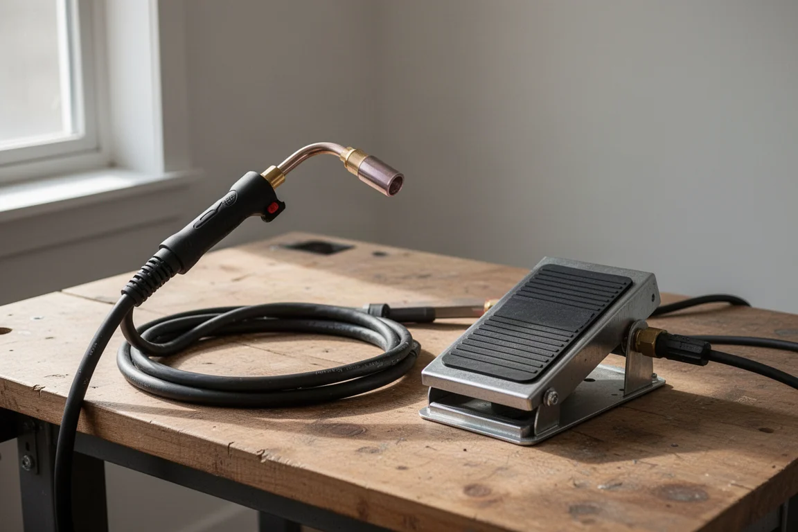 TIG welding torch and foot pedal resting on a workbench