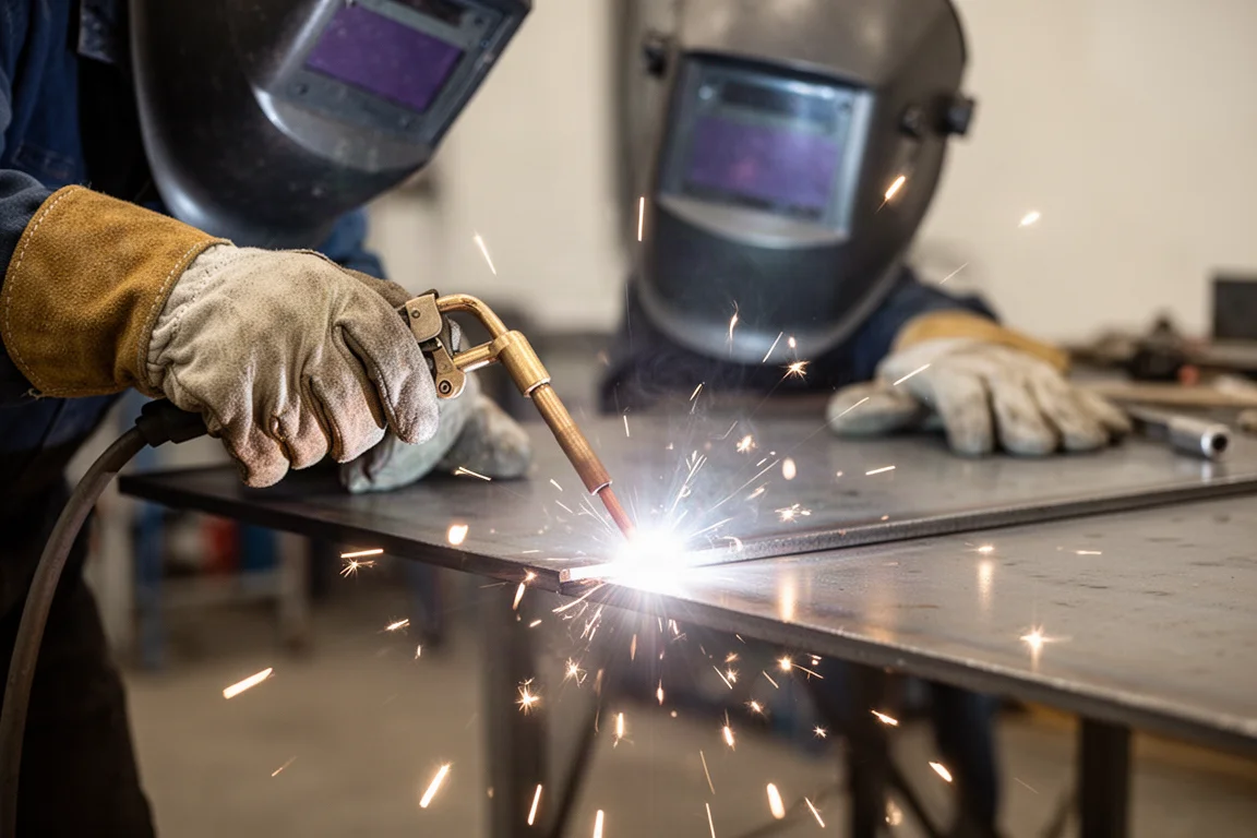 Welder running a stick electrode on a steel plate with sparks