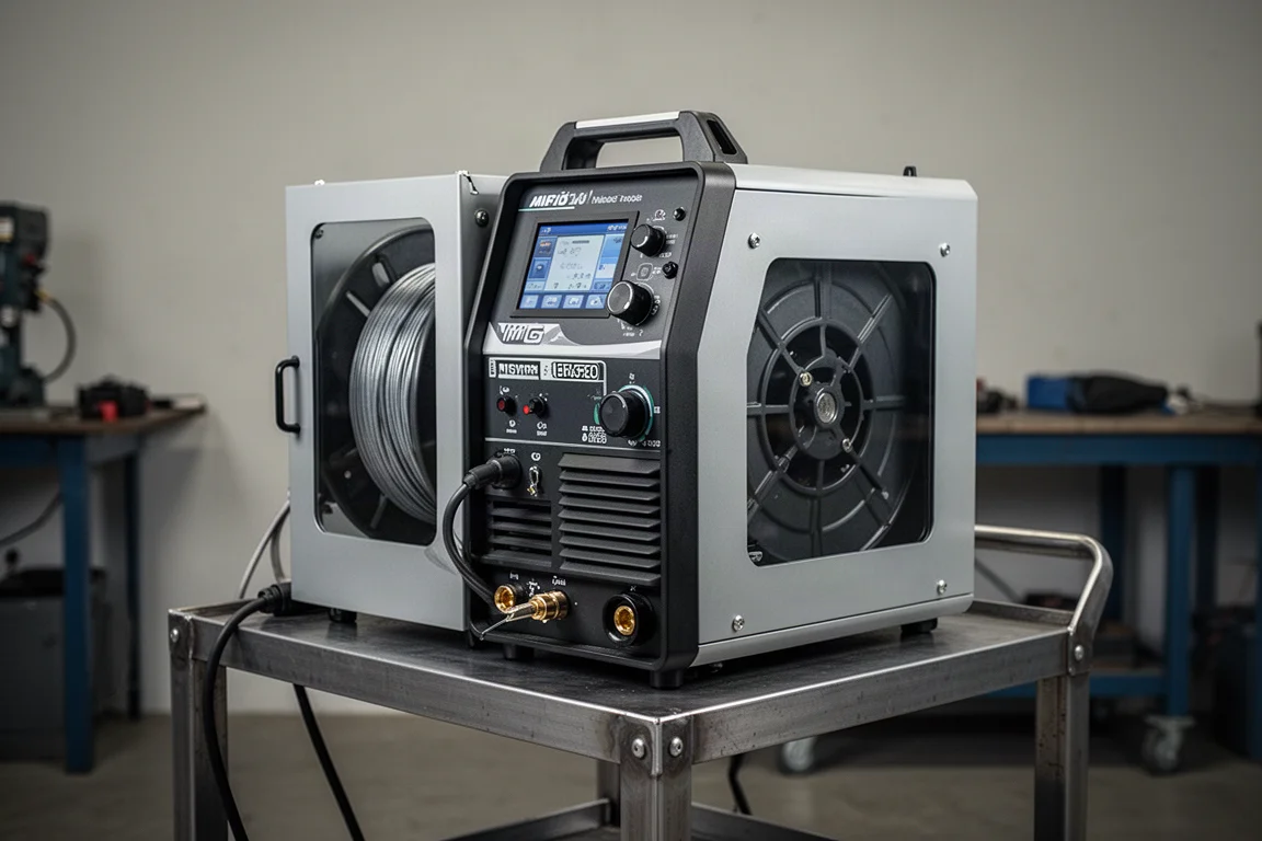 HTP Pro Pulse 220 MIG 焊接機置於工作坊中的金屬推車上