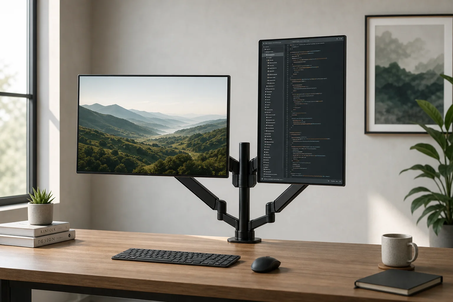 Zwei Monitore im Hoch- und Querformat an verstellbaren Armen