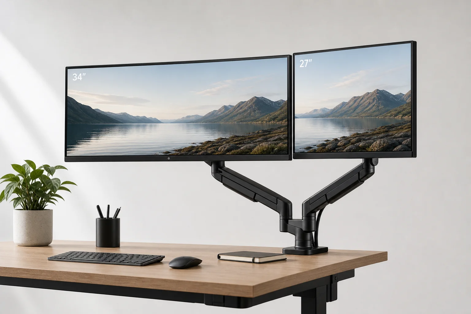 Braccio per doppio monitor che sostiene due schermi di dimensioni diverse su una scrivania