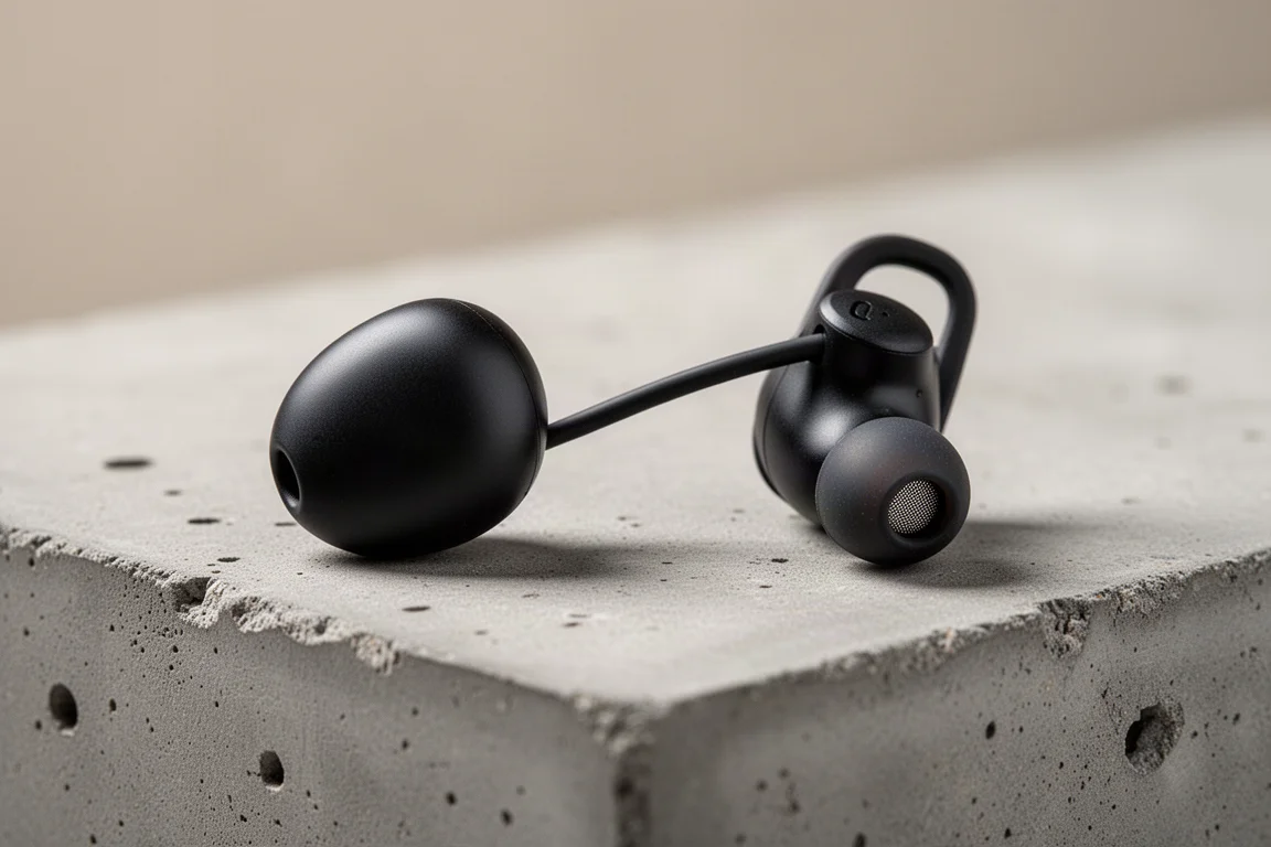 Close-up van een dunne flexibele earbud-connector en het achterste boonvormige deel