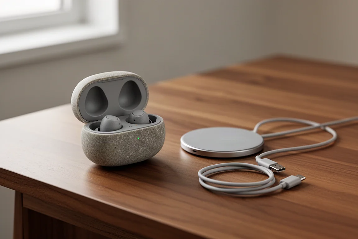 Open oplaadcase met draadloze oplaadpad ernaast op een houten bureau