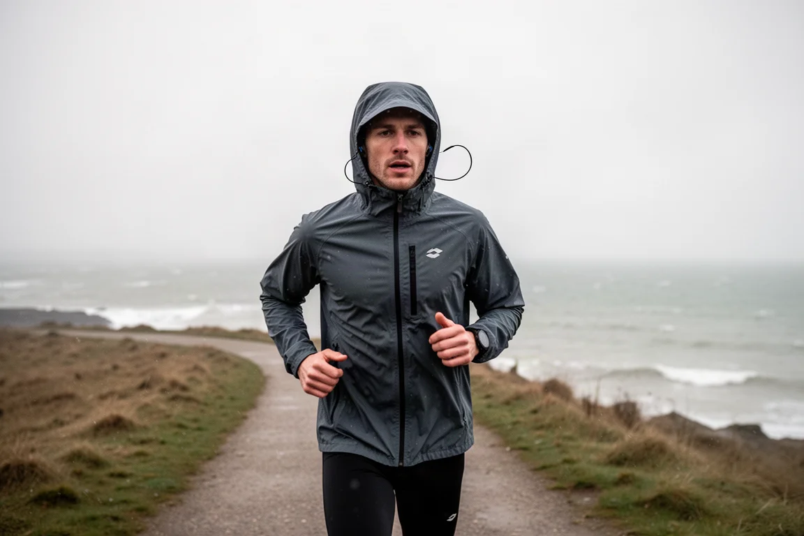 Hardloper pauzerend op een winderige kustweg met open-air earbuds