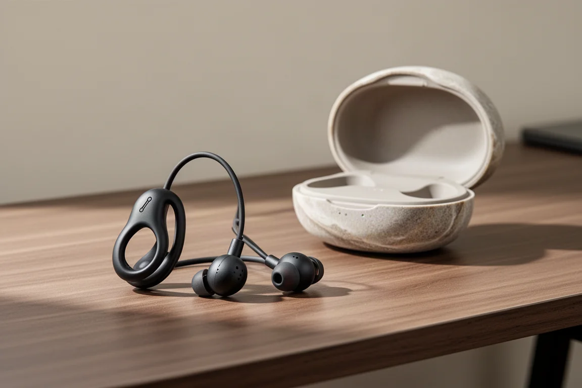 Clip-on open-air earbuds beside a seashell-inspired charging case on a wood desk