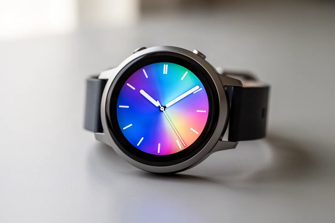 Primer plano de la pantalla de un smartwatch mostrando una esfera AMOLED brillante