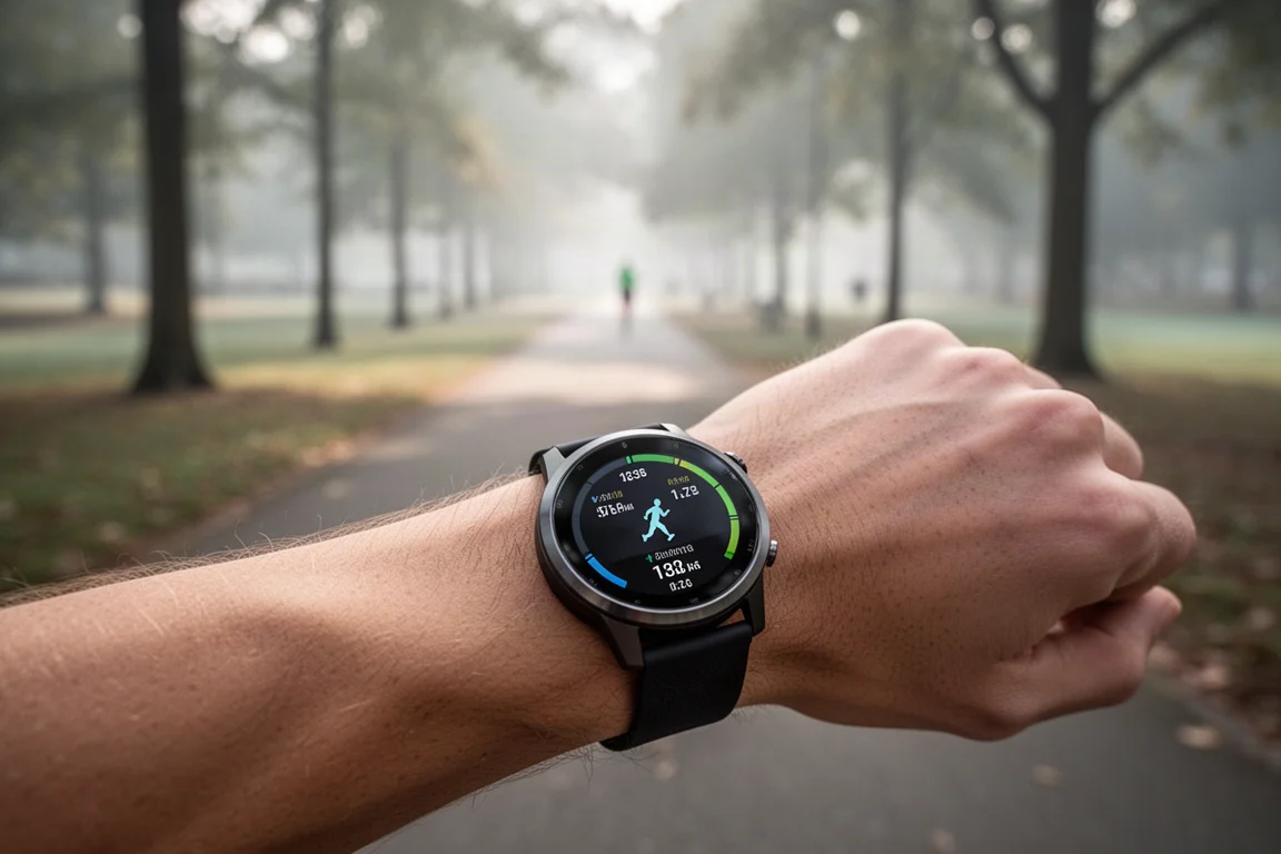 Corredor usando un smartwatch en la muñeca durante una carrera al aire libre