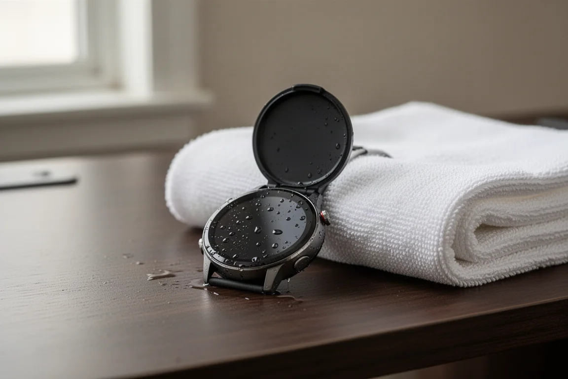 Smartwatch abierto sobre un escritorio junto a una toalla mientras se seca