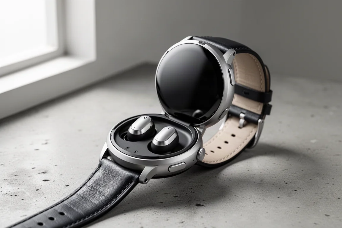 Smartwatch with open lid revealing two wireless earbuds inside the case