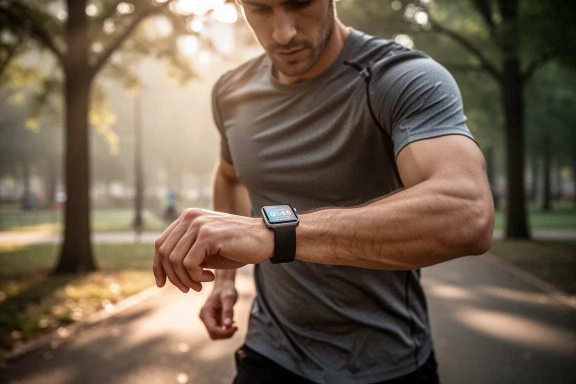 Un coureur consultant sa montre connectée de fitness lors d'une course au petit matin dans un parc urbain