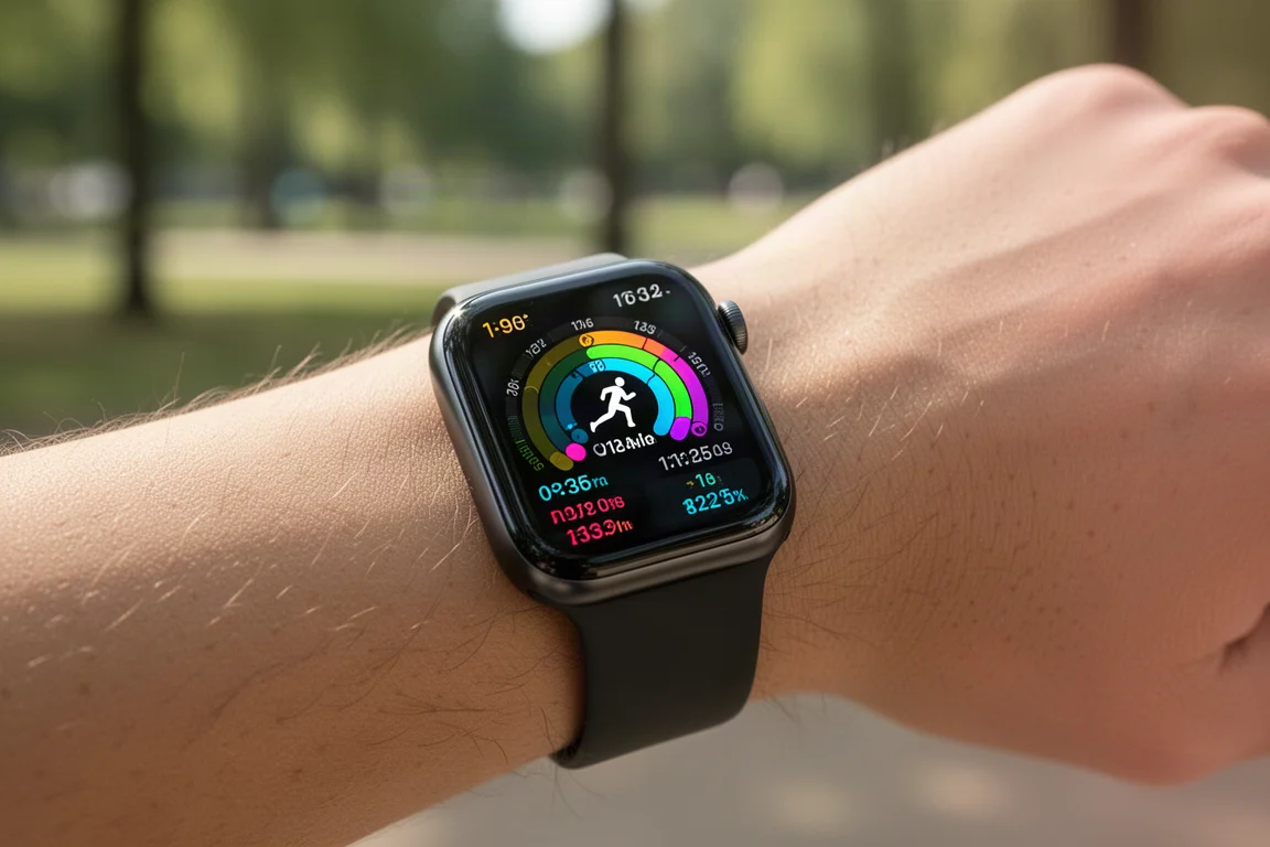 Gros plan sur l'écran d'une montre connectée affichant des données de course par une journée ensoleillée