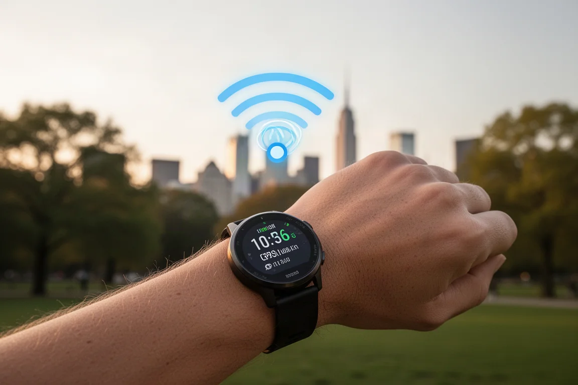 Montre connectée au poignet avec acquisition du signal GPS pendant un échauffement