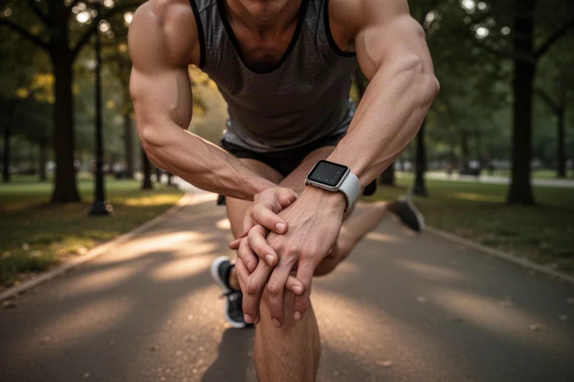 Un coureur s'étirant après une course avec une montre connectée de fitness au poignet