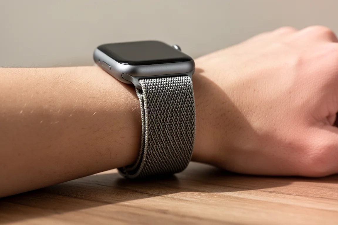 Primer plano de una correa de smartwatch de nailon trenzado y una caja delgada en una muñeca