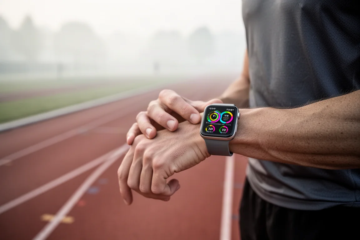 Muñeca de un atleta mostrando coloridas métricas de entrenamiento en un smartwatch durante un entrenamiento en pista