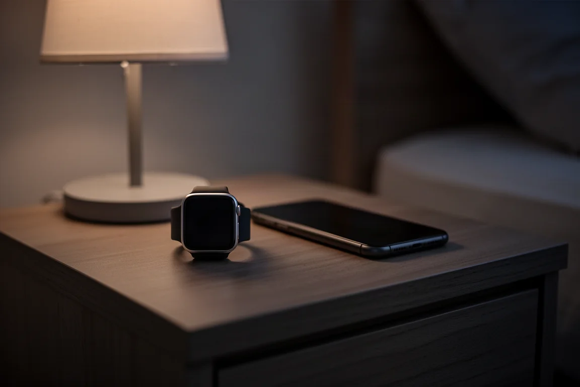Smartwatch sobre una mesita de noche cargándose junto a un teléfono de noche