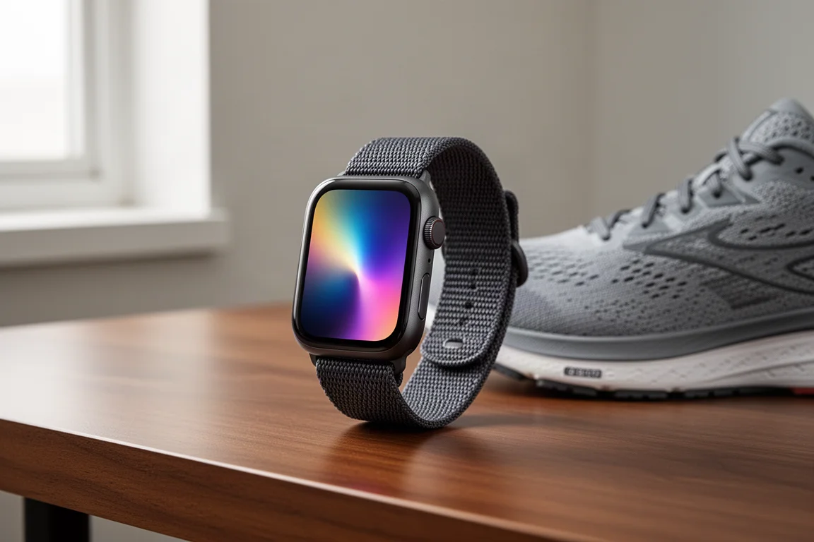 Slim square smartwatch with woven nylon strap on a wooden desk beside a running shoe