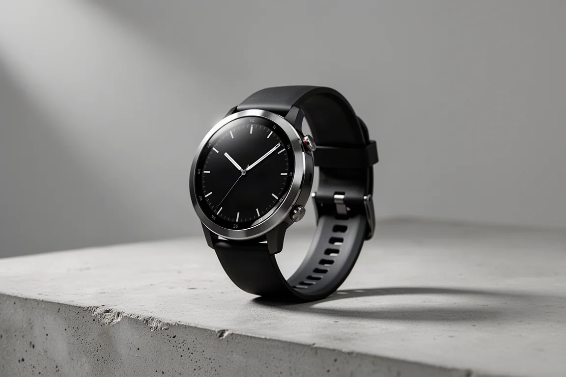 Round black smartwatch with stainless steel bezel on concrete surface