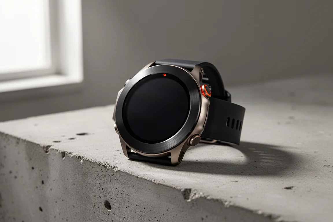 Orologio da running in titanio con lunetta texturizzata scura e anello di accento arancione sul cemento