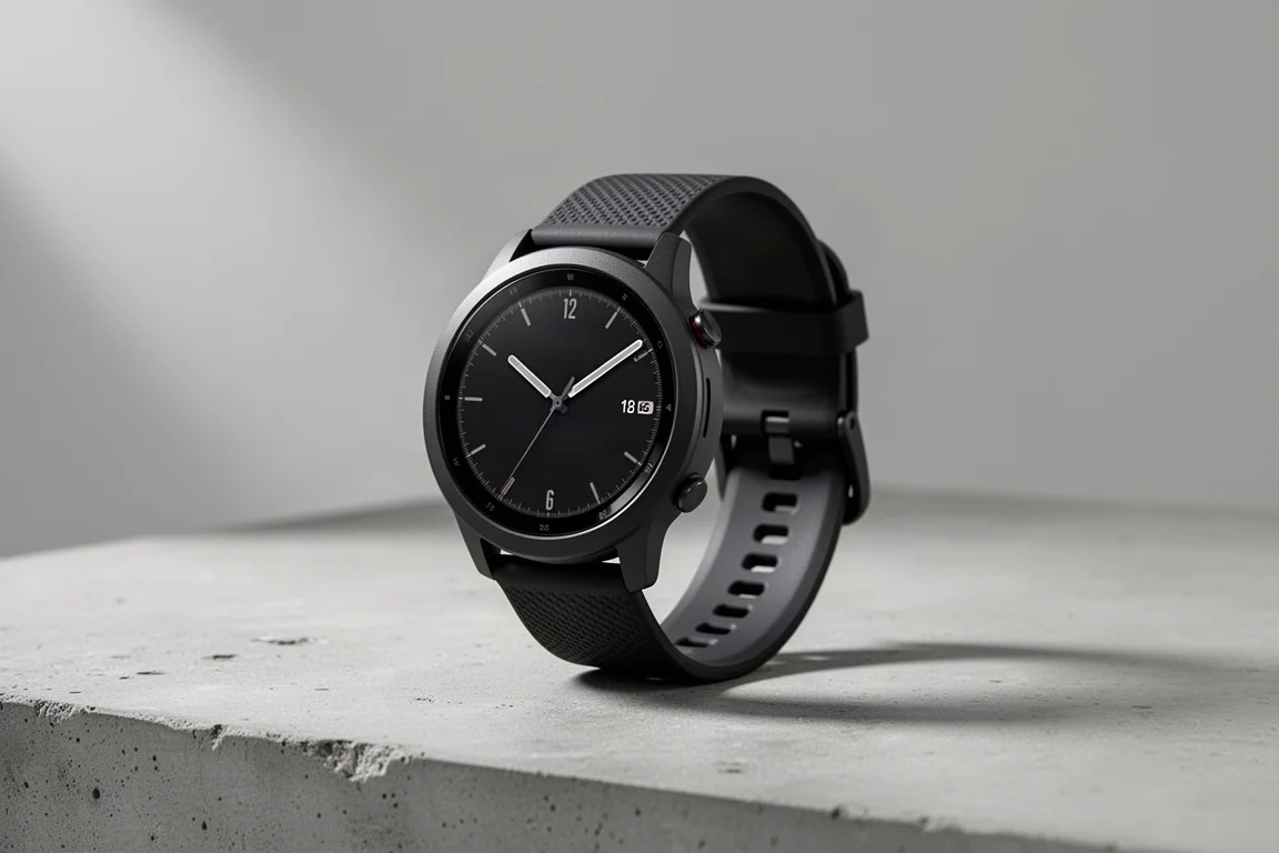 Huawei Watch GT Runner sports watch with black silicone strap on concrete surface