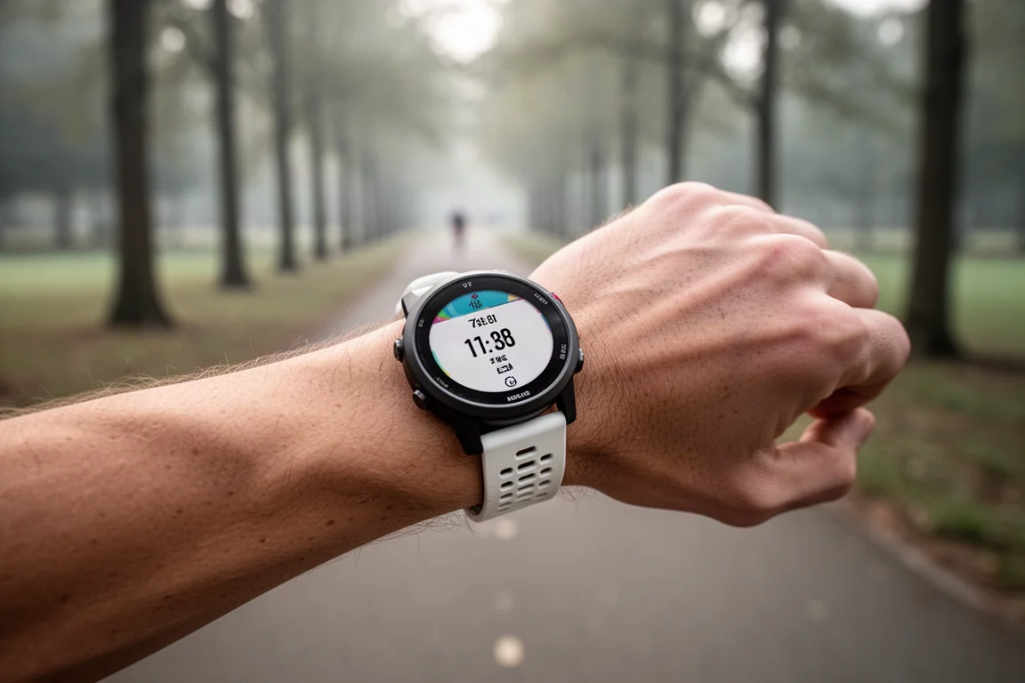 Corredor consultando un reloj de running con GPS en la muñeca durante una carrera al aire libre