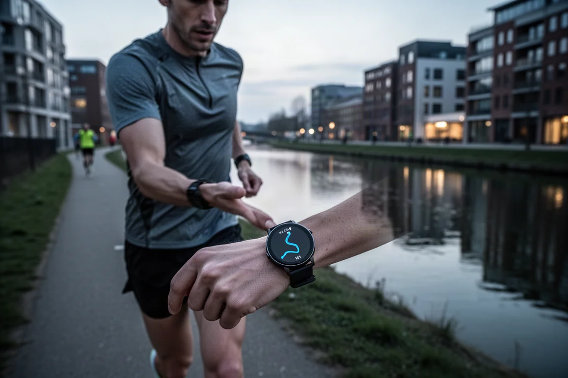 Corredor siguiendo una ruta en un smartwatch durante una carrera urbana