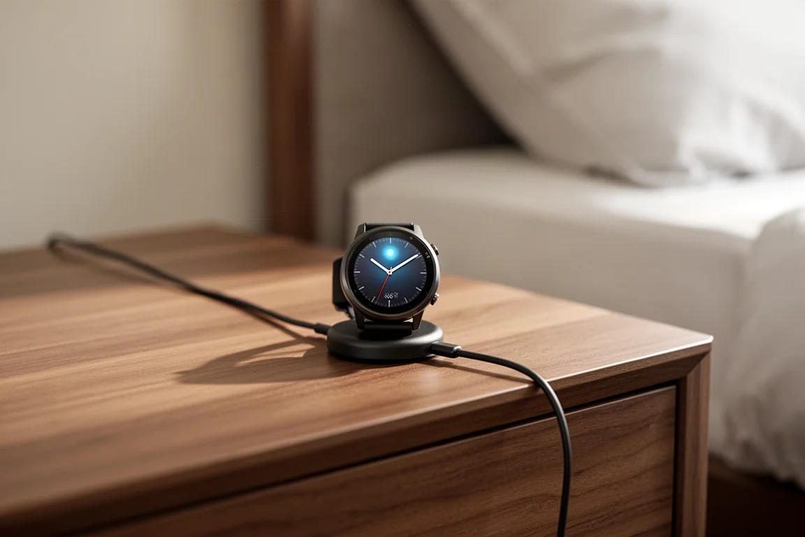 Smartwatch cargándose en una mesilla de noche mostrando una gran autonomía