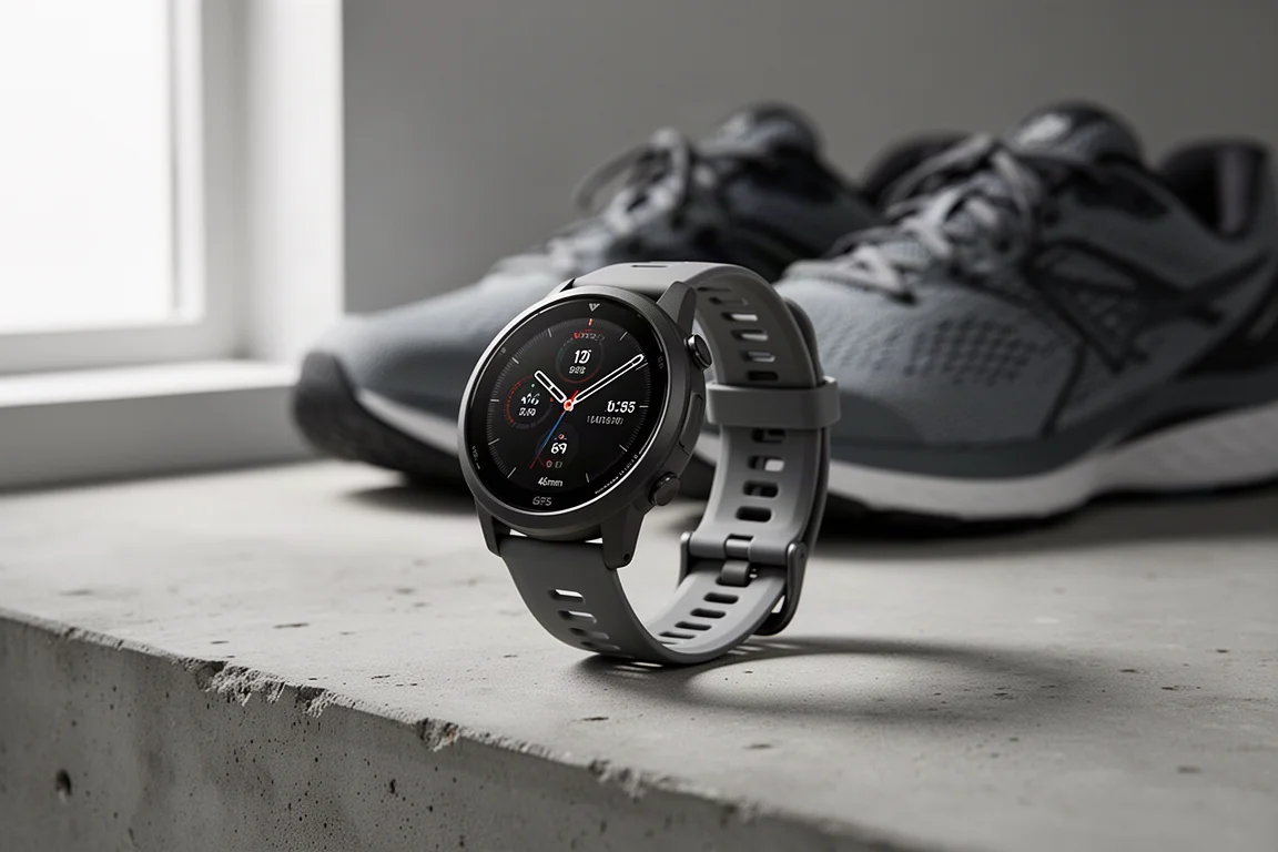 Huawei Watch GT Runner with ventilated silicone strap on a concrete surface