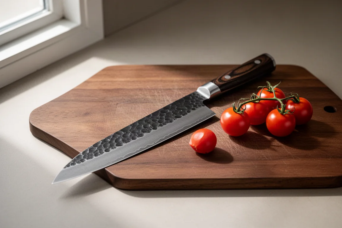 Coltello gyuto artigianale appoggiato su un tagliere di legno nella morbida luce della finestra