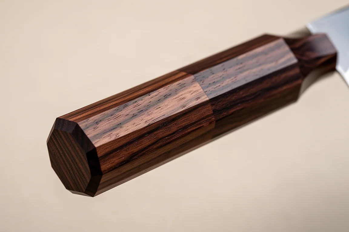 Primo piano di un manico wa ottagonale con transizione senza soluzione di continuità nel legno scuro