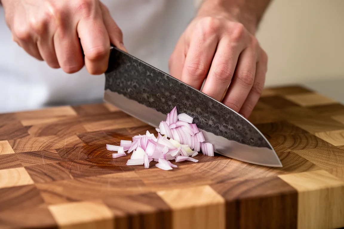 Uno chef che affetta uno scalogno su un tagliere con un gyuto sottile e affilato